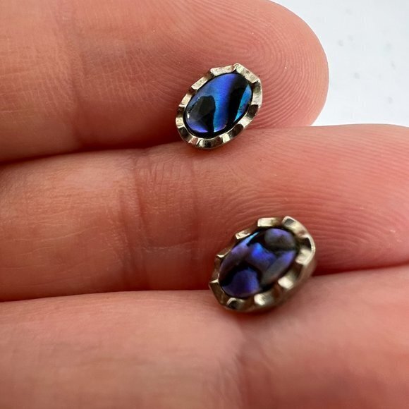 Blue Abalone Look Earrings Oval Small Stud Silver Tone‎ Textured Tiny Dainty Oil - Picture 5 of 7